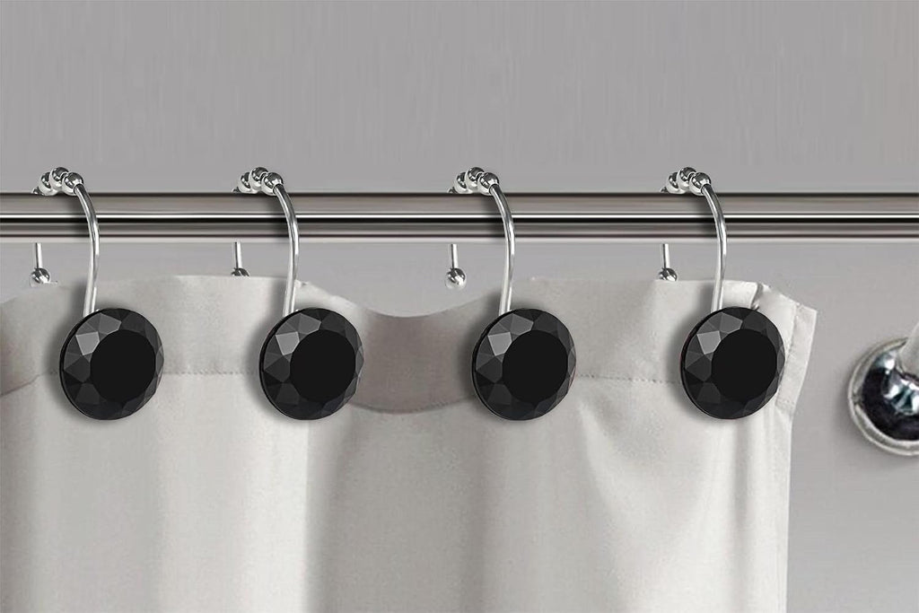 Black Crystal Diamond Shower Curtain Hooks for Bathroom【12Pack】, Silver Rust Proof Stainless Steel Rings, Decorative Gem Hanger, Bling Rhinestone, Glittery, Cute, Fancy Accessories