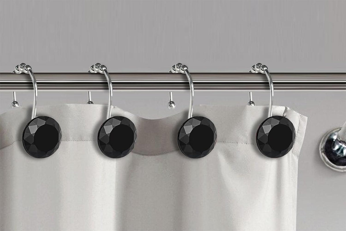Black Crystal Diamond Shower Curtain Hooks for Bathroom【12Pack】, Silver Rust Proof Stainless Steel Rings, Decorative Gem Hanger, Bling Rhinestone, Glittery, Cute, Fancy Accessories