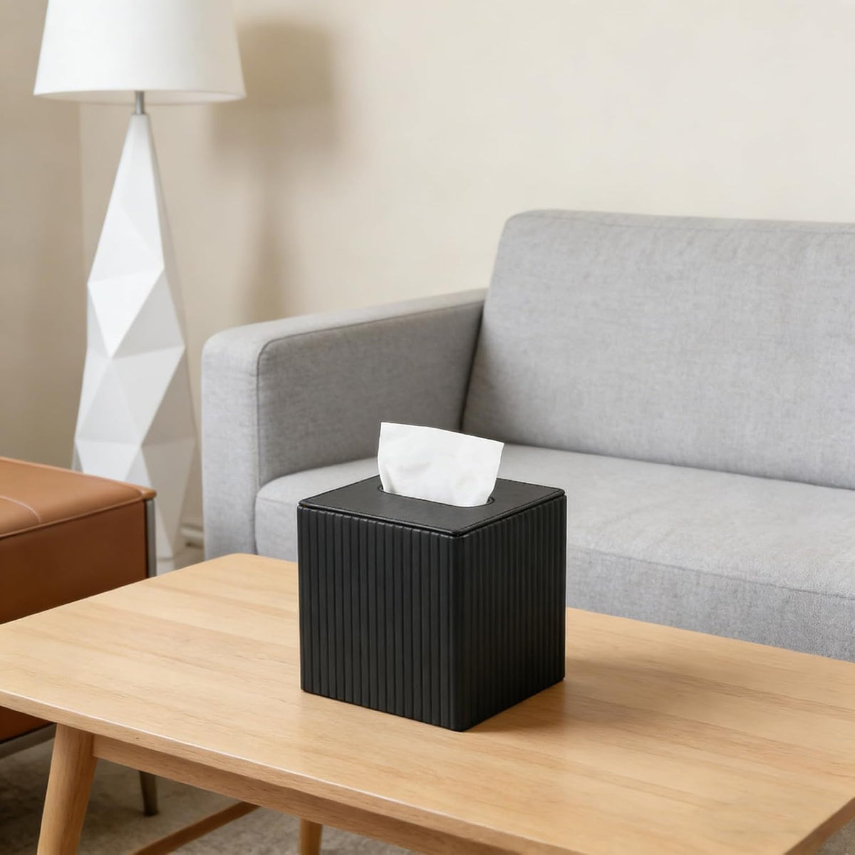 Square PU Leather Tissue Box Cover Holder with Magnetic Bottom Modern Cube Fits for Vanity, Bathroom, Bedroom, Living Room, Office,Nightstand(Black Stripe)