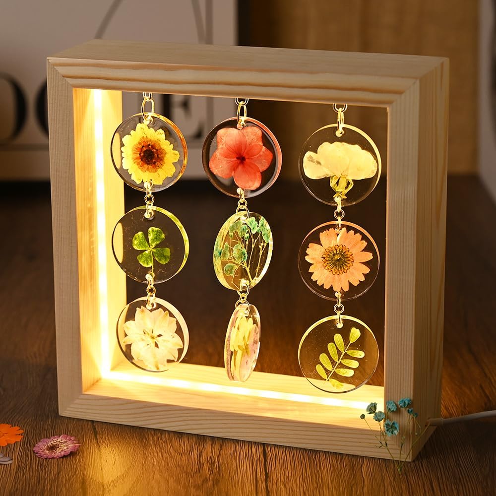 SMUK Dried Flower LED Table Lamp, Handmade Aesthetic 3 Way Dimmable Decorative Pressed Flower Desk Lamp with Wood Frame for Bedroom, Living Room, Office, Desk, Table Unique Bedside Lamps