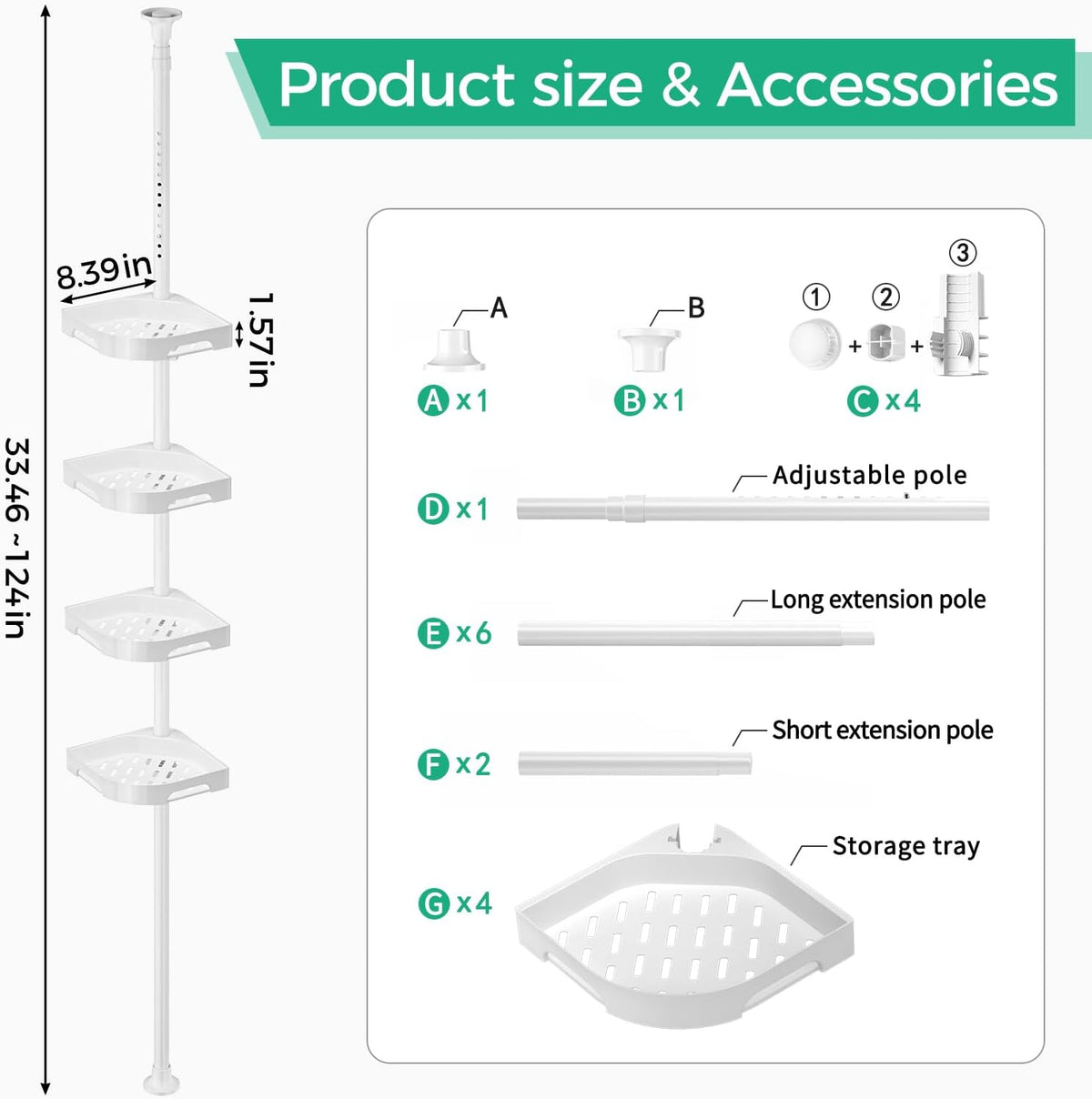 shuang qing 4-Tier Corner Shower Caddy Tension Pole Organizer, White