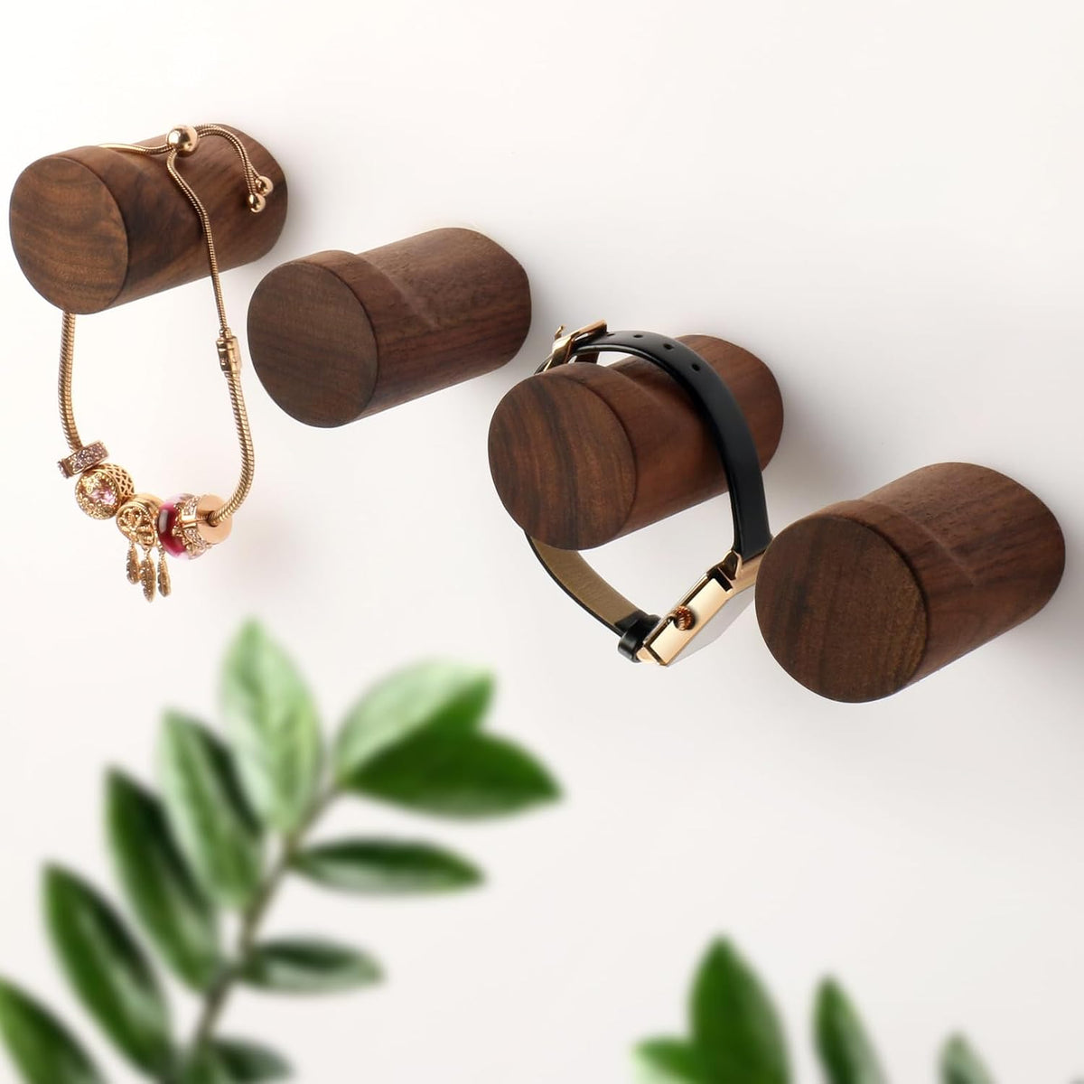 4 Pack Wood Wall Hooks Walnut Wooden Coat Hooks Adhesive Hooks Heavy Duty