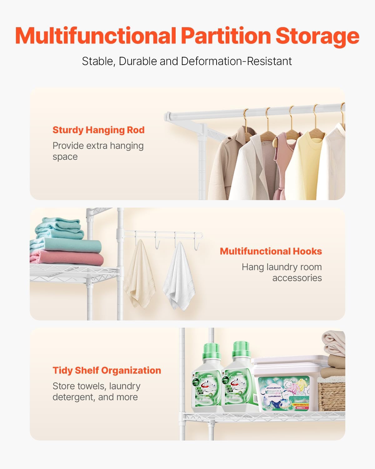 VEVOR Over the Washer and Dryer Storage Shelf, 3 Tier Laundry Room Drying Rack with Hanger Rod and Hooks, Adjustable Over Washer and Dryer Shelves, Laundry Room Shelf Storage Space Saver, White