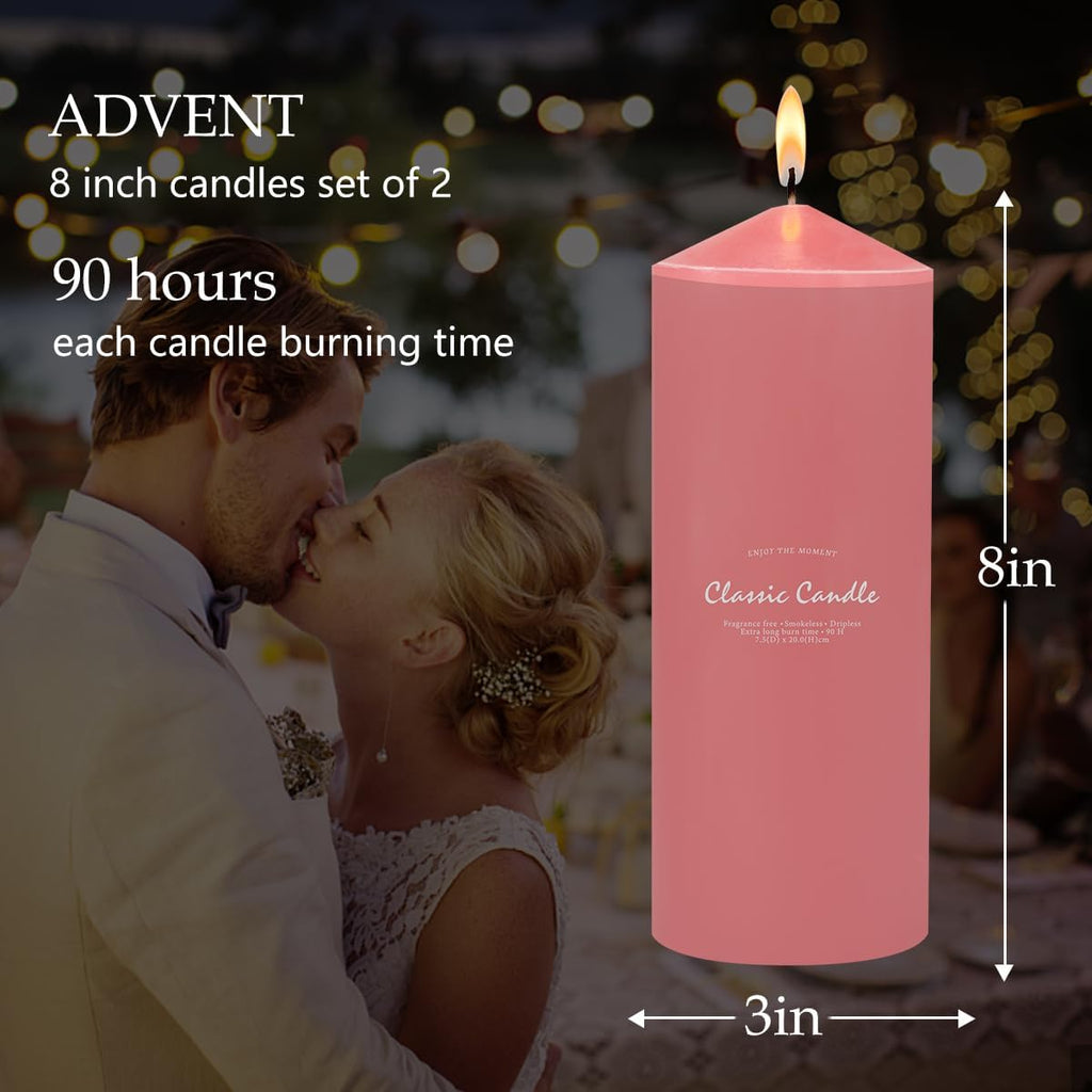 Pink Pillar Candles for Romantic, 3x8 Inch Unscented Column Candles for Spa Church Weddings, Non-Toxic Smokeless and Dripless Hand Poured Emergency Candle