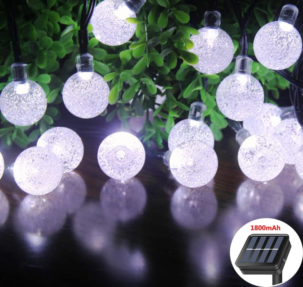Solar String Lights Outdoor, 20ft Waterproof 30 LEDs 8 Modes Crystal Globe Solar String Fairy Lights Backyard Patio Christmas Lights for Holiday Party Gardens Backyard Wedding (White)