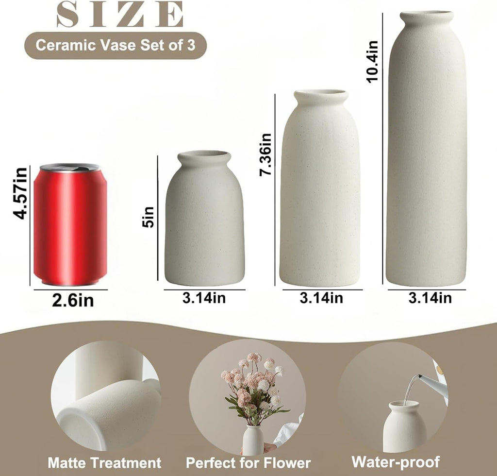 Ceramic Vase Set-3, 10.3 Inch Tall Flower Vases for Decor, Modern Boho Farmhouse Style, Decorative Vases for Pampas Grass & Dried Flowers, Distressed Finish (L Beige)