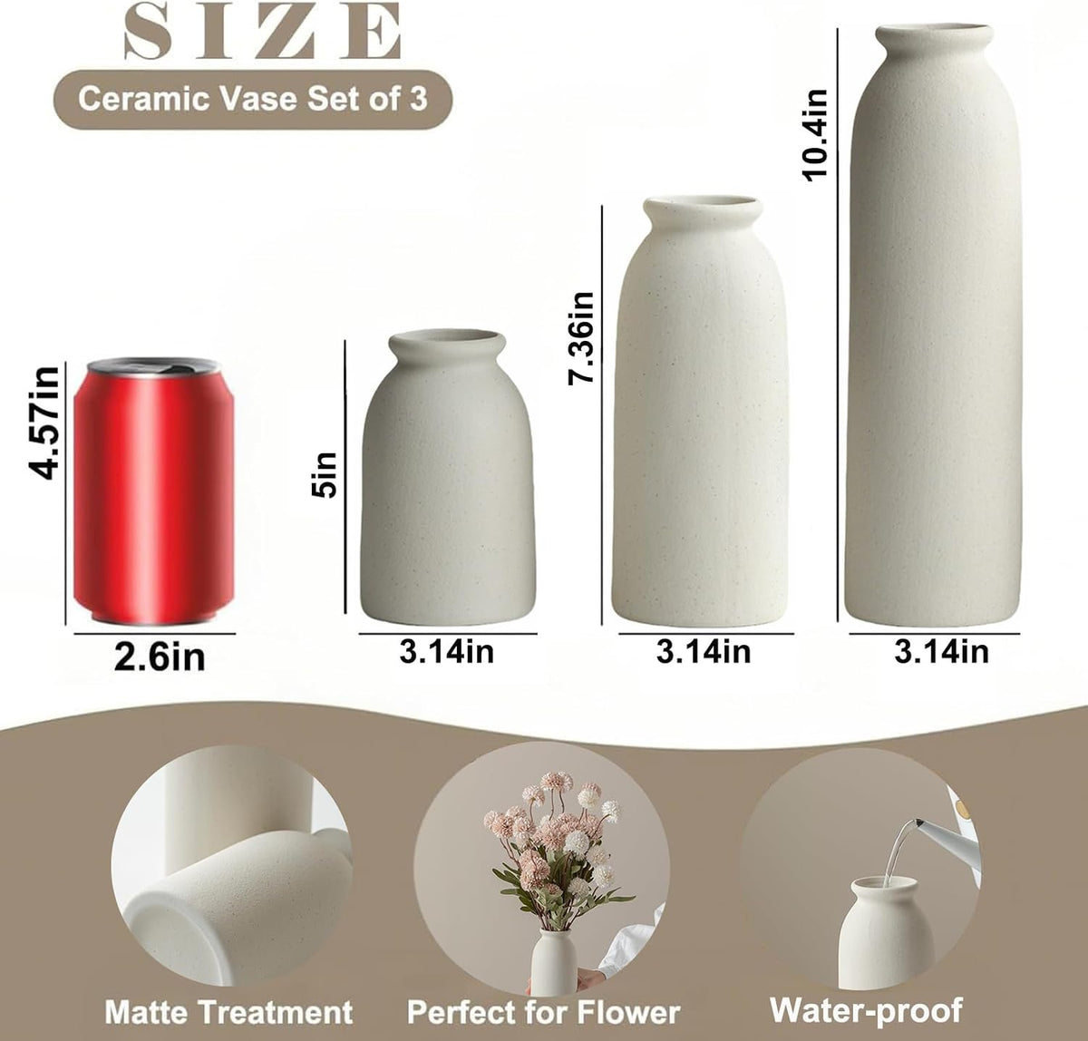 Ceramic Vase Set-3, 10.3 Inch Tall Flower Vases for Decor, Modern Boho Farmhouse Style, Decorative Vases for Pampas Grass & Dried Flowers, Distressed Finish (L Beige)