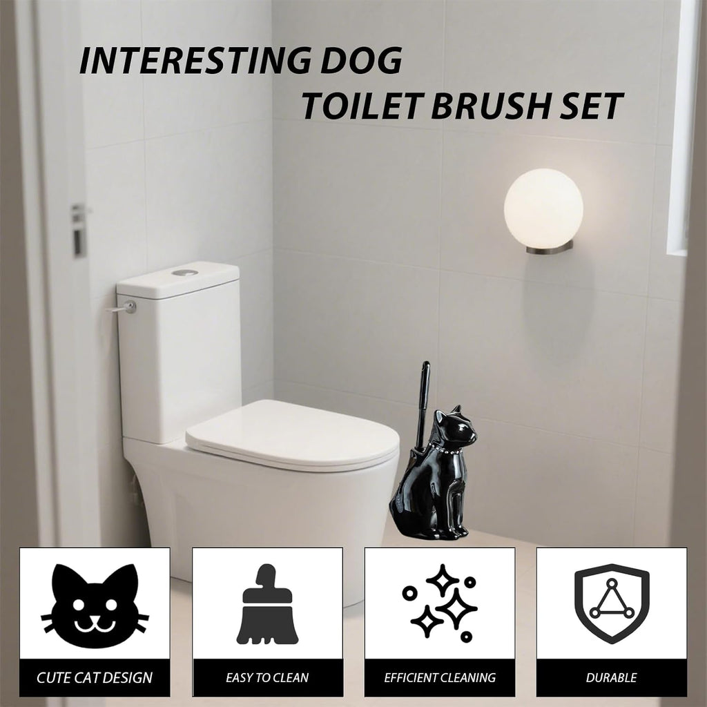 Comeon Ceramic Cat Toilet Brush and Holder Set, Plastic Handle, Black