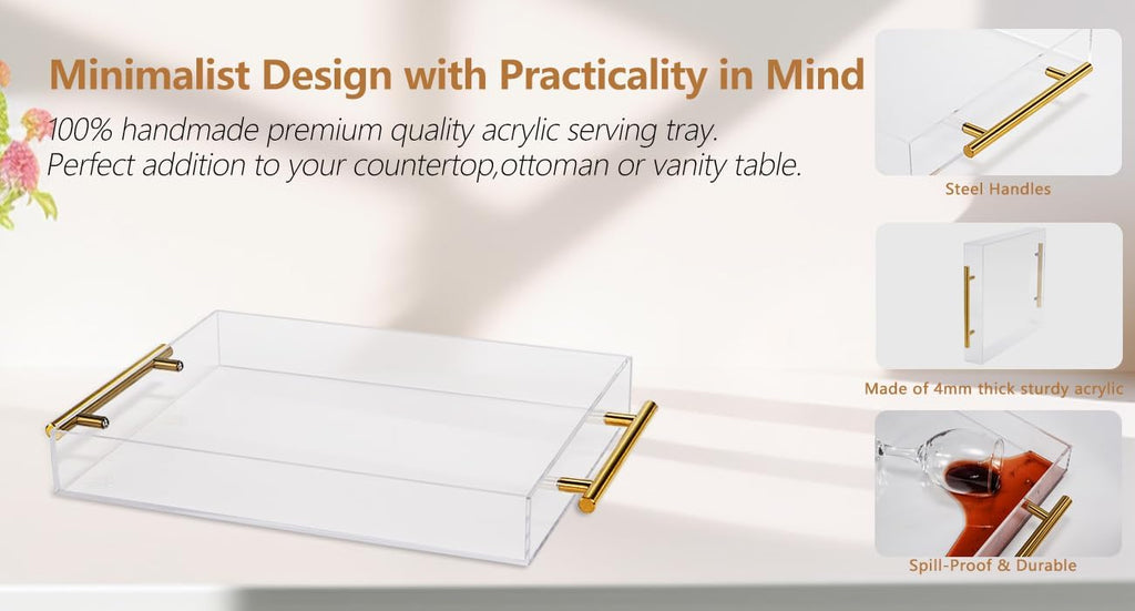 Clear Acrylic Lucite Serving Tray with Metal Handles,No Need to Assemble,11x14 Inch,Decorative Storage Organizer with Spill-Proof Design,Serving for Coffee,Breakfast,Dinner and More