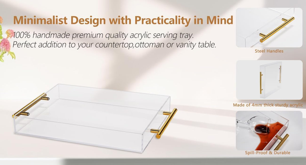 Clear Acrylic Lucite Serving Tray with Metal Handles,No Need to Assemble,11x14 Inch,Decorative Storage Organizer with Spill-Proof Design,Serving for Coffee,Breakfast,Dinner and More