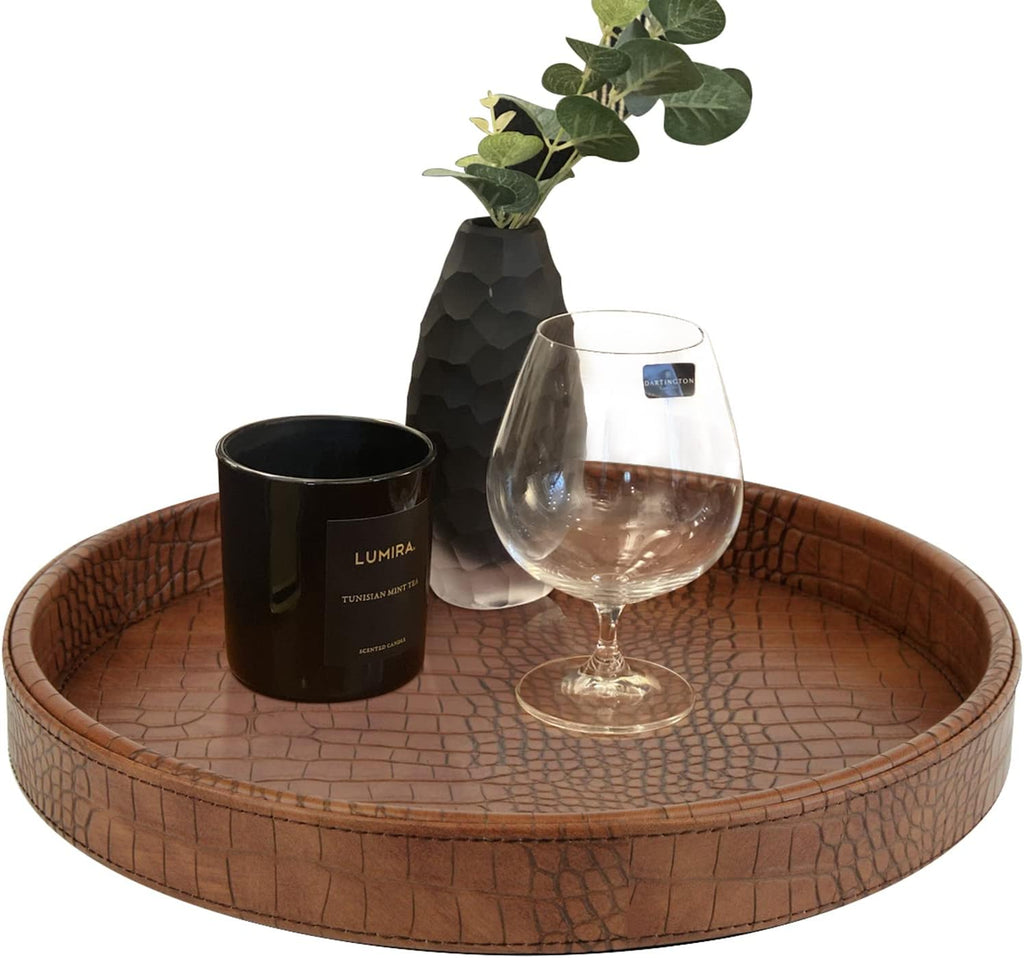 HofferRuffer Faux Leather Round Serving Tray, Vegan Croco Leather Decorative Food Tray for Storage Drinks, Snack & Cosmetics, Dia.12'' x 1.6'' (Antique Brown)