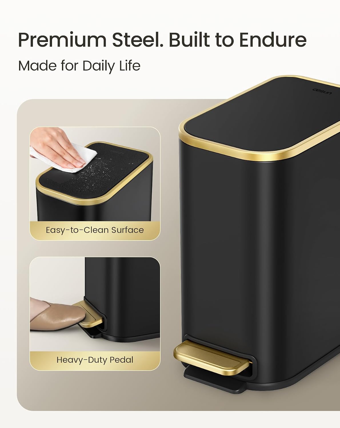 Cesun Small Bathroom Trash Can with Gold Grimmed Lid & Pedal, 1.3Gal, Black