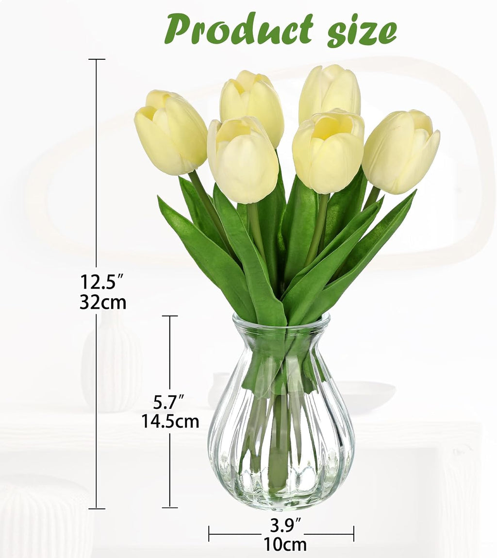 Oairse Fake Tulip Flowers Artificial in Glass Vase with Faux Water Real Touch Foam Tulip Arrangement Suitable for Dining Table Centerpiece Wedding Home Office Decoration (Cream Yellow)