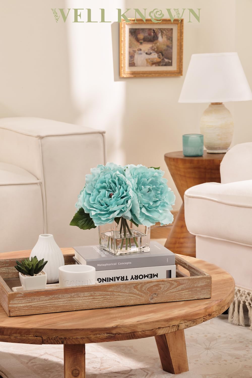 Artificial Peonies Flowers Arrangements in Cube Glass Vase, WELLKNOWN Silk Flower Centerpieces for Dining Room Table, Coffee Table Decor, Faux Peony Flowers with Faux Water(Light Teal Blue)