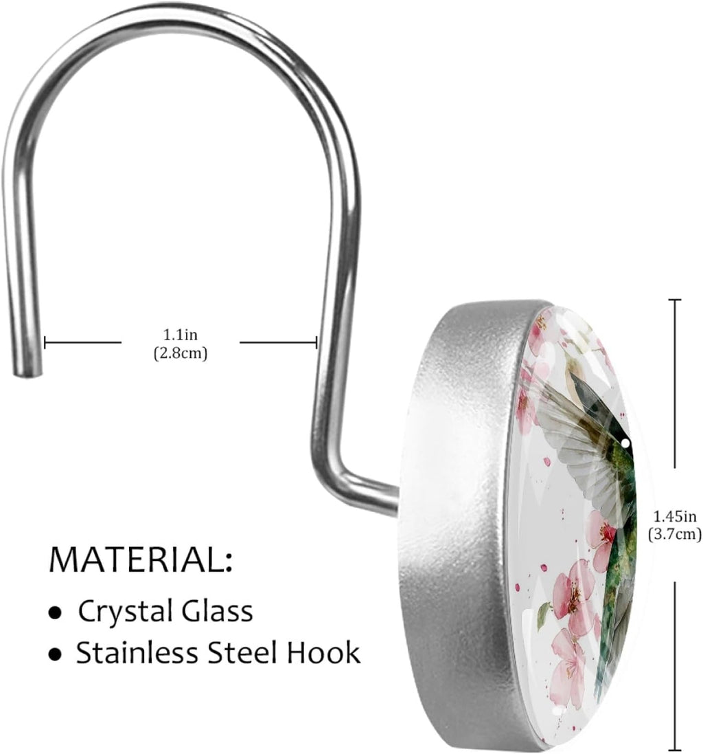 Hummingbird Round Shower Curtain Hooks Set of 12 Stainless Steel Decorative Hanger Rings for Bathroom Kitchen Bedroom Curtain Rods