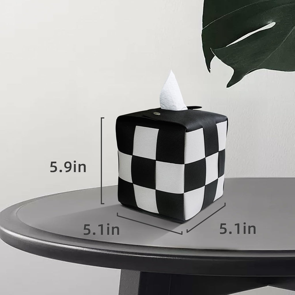 MSJGA Tissue Box Cover, Square PU Leather Tissue Box Holder with Metal Buckle, Checkered Tissue Box, Decorative Organizer for Bedroom, Vanity Desk, Nightstand, Bathroom, Office (Black)