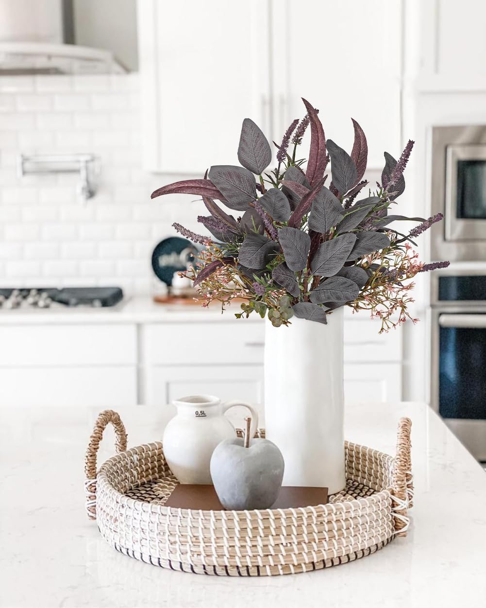 Briful Fall Artificial Eucalyptus Bouquet with Purple Sage Leaves – Autumn Faux Greenery Bush with Raffia Wrap for Farmhouse, Kitchen, Table, and Seasonal Home Décor
