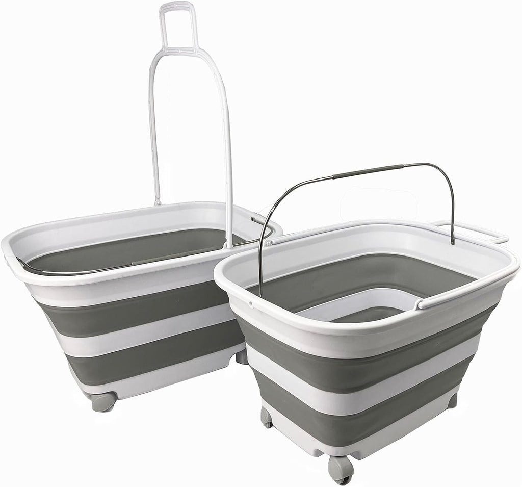 SAMMART 35L (9.24 Gallons) Collapsible Plastic Laundry Basket with Handle and Wheels - Foldable Pop Up Storage Container/Washing Tub - Space Saving (2, White/Grey)