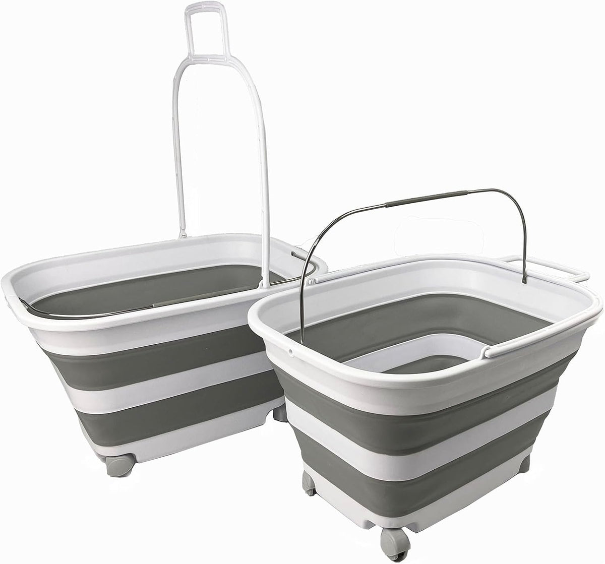 SAMMART 35L (9.24 Gallons) Collapsible Plastic Laundry Basket with Handle and Wheels - Foldable Pop Up Storage Container/Washing Tub - Space Saving (2, White/Grey)