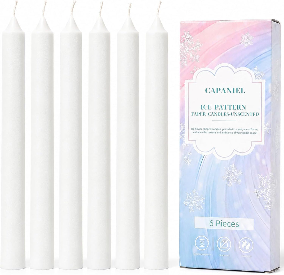 6 Pack White Taper Candles,10 Inch Dripless Palm Wax Candlesticks