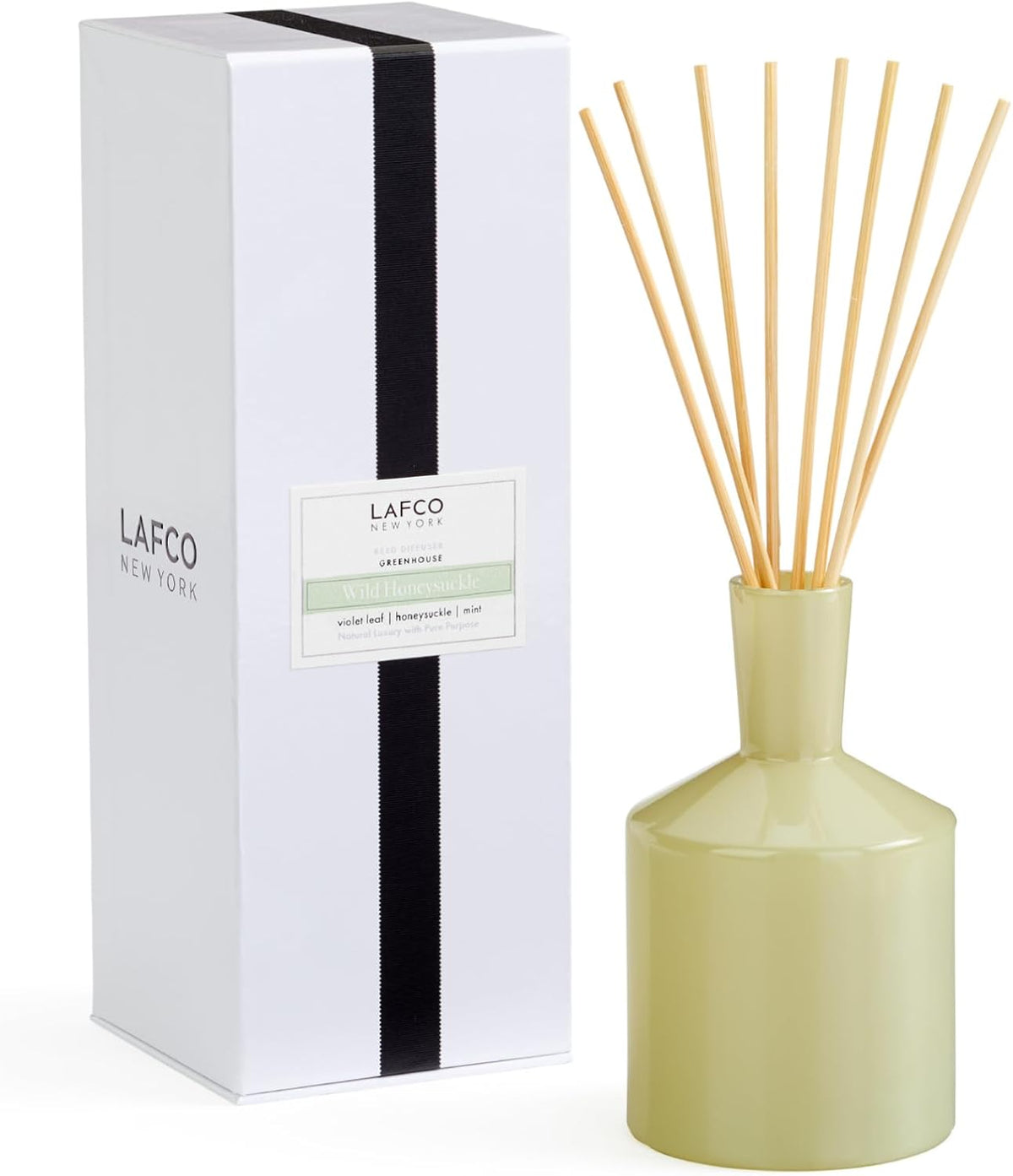 LAFCO New York Classic Reed Diffuser, Wild Honeysuckle - 6 oz - Up to 3 Months Fragrance Life - Reusable Glass Vessel - Natural Wood Reeds - Made in the USA