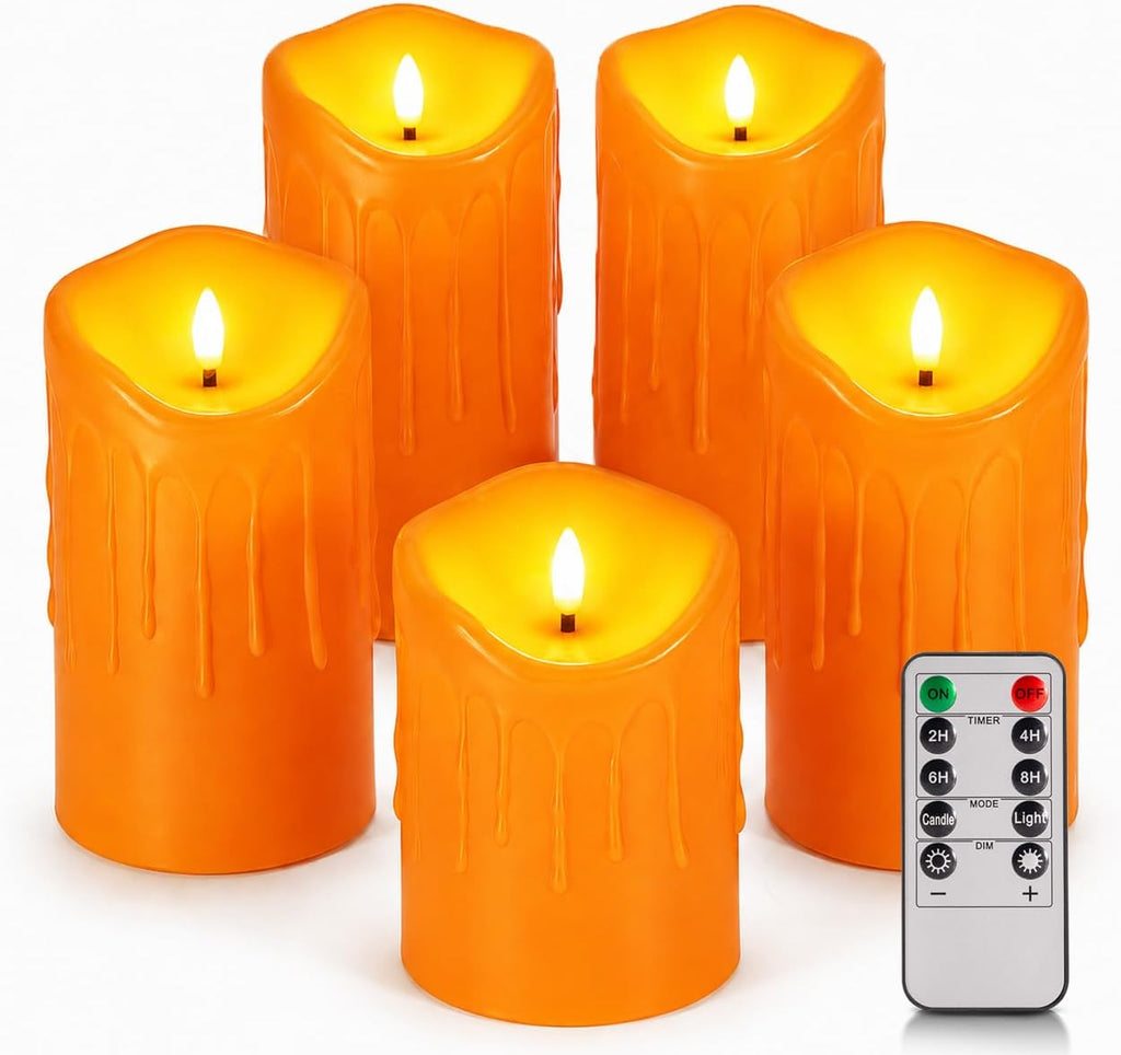 Orange Flameless Candles 5 Pack, Battery Operated Pillar Candles Fall Decor