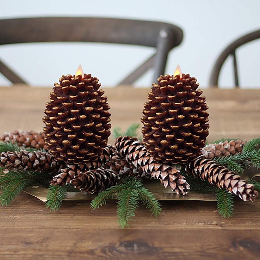 Christmas Pine Cones Flameless Candle Battery Operated with Timer Brown