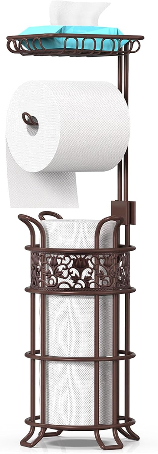 Upgraded Toilet Paper Holder Stand for Bathroom, Holds 3 Big Rolls of Jumbo Mega Paper, Top Shelf for Wipes Tissue, Sturdy Freestanding Paper Roll Dispenser, Floral Pattern, Brown Red