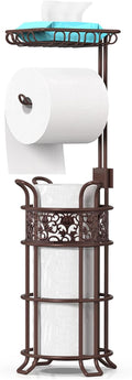 Upgraded Toilet Paper Holder Stand for Bathroom, Holds 3 Big Rolls of Jumbo Mega Paper, Top Shelf for Wipes Tissue, Sturdy Freestanding Paper Roll Dispenser, Floral Pattern, Brown Red