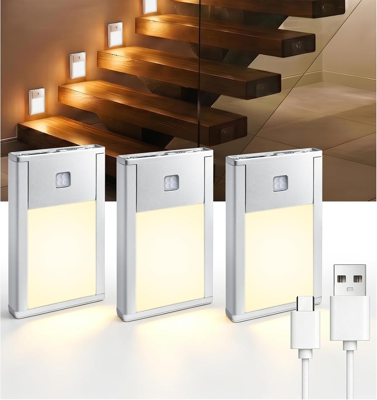 VST 3 Pack Rechargeable Stair Lights Motion Sensor Indoor, 3000K Warm White