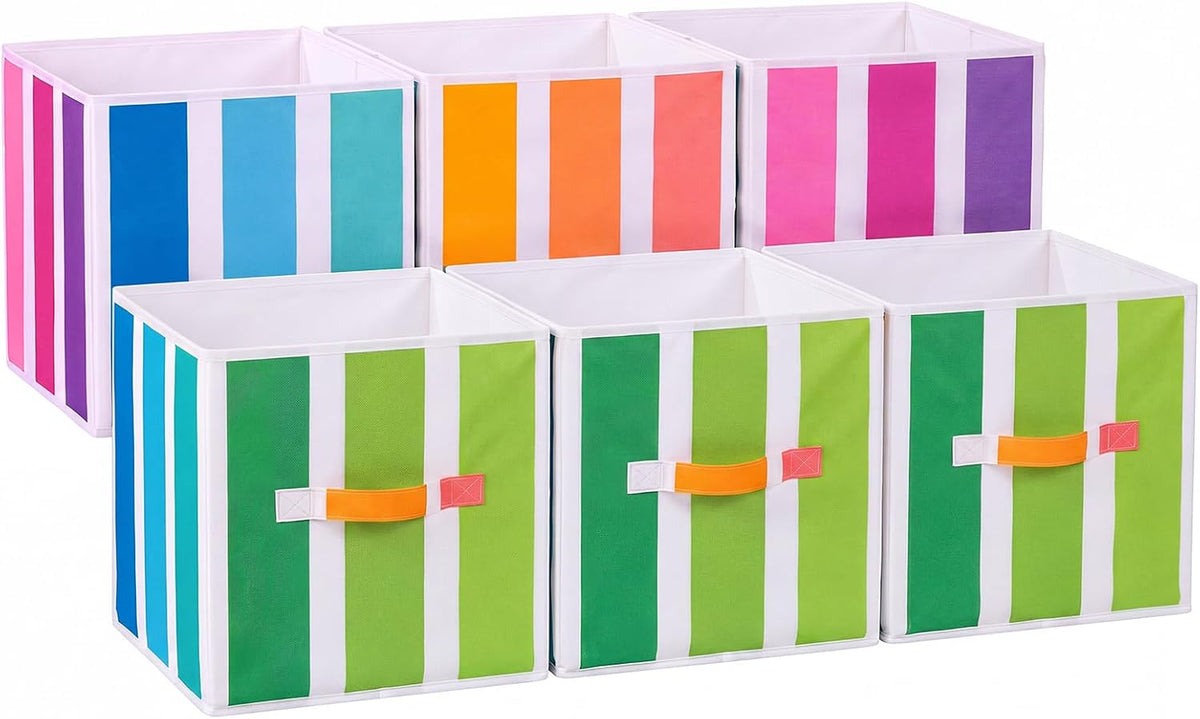 6 Pcs 11 Inch Colorful Stripes Cube Storage Bins Collapsible Storage Organizer with Handles Fabric Container Baskets for Closet Clothes Toys Book Room Home Organization