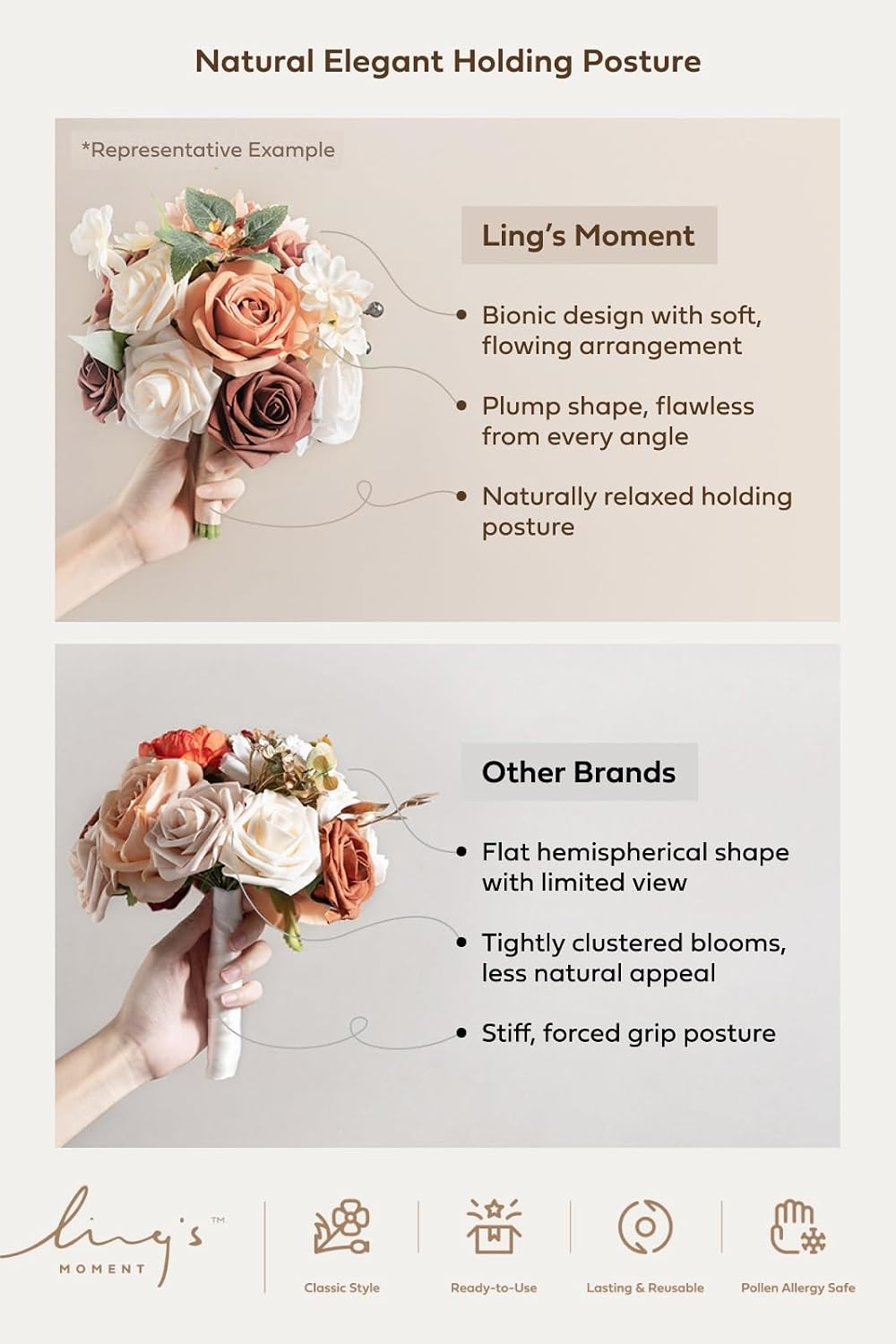 Ling's moment Bridesmaid Bouquet, 7 Inch Burnt Orange for Wedding