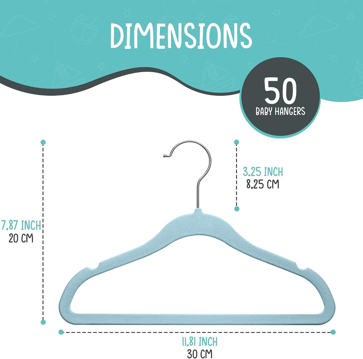 TechZoo 50 Pack Premium Baby Velvet Hangers (Blue) - 11.8" Inches Non-Slip, Ultra-Slim & Space-Saving Toddler Hangers - 360° Rotating Hook, Strong & Durable Hanger for Children, Infant & Toddler