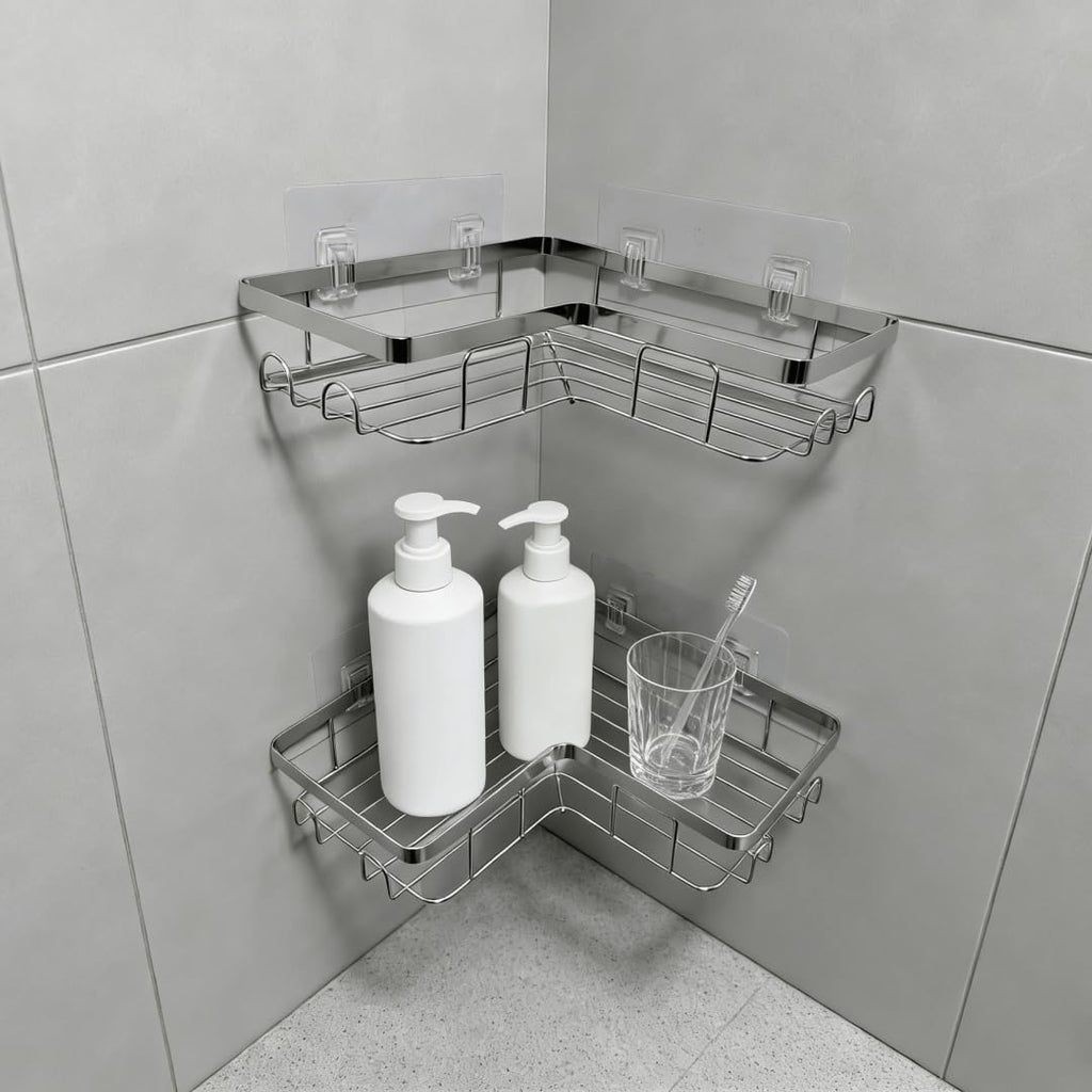 Shower Caddy 2 Pack, Stainless Steel No Drilling Adhesive Bathroom Organizer Shelf Rack, Corner Shower Shelf with Hooks for Home Decor & Storage