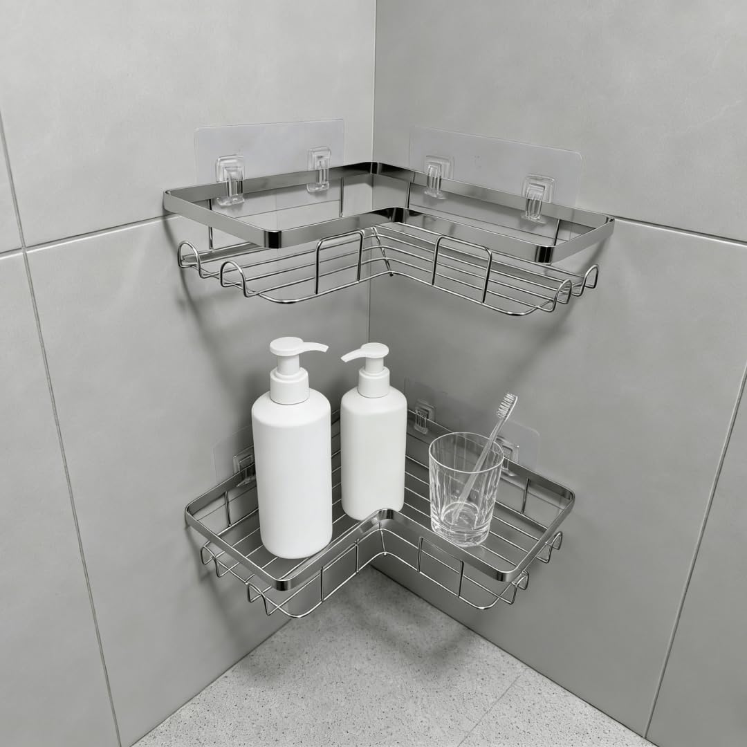 Shower Caddy 2 Pack, Stainless Steel No Drilling Adhesive Bathroom Organizer Shelf Rack, Corner Shower Shelf with Hooks for Home Decor & Storage