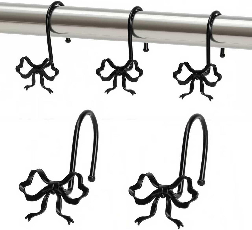 Black Bow Shower Curtain Hooks, 12 Pcs Metal Black Shower Curtain Hooks for Bathroom Decor, Cute and Rust-Proof, Suitable for Standard Showers Curtains Rods