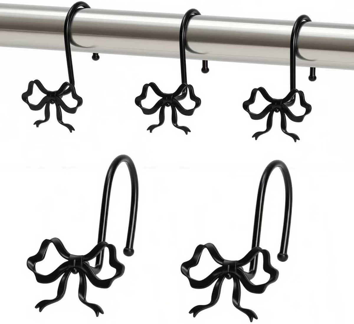 Black Bow Shower Curtain Hooks, 12 Pcs Metal Black Shower Curtain Hooks for Bathroom Decor, Cute and Rust-Proof, Suitable for Standard Showers Curtains Rods
