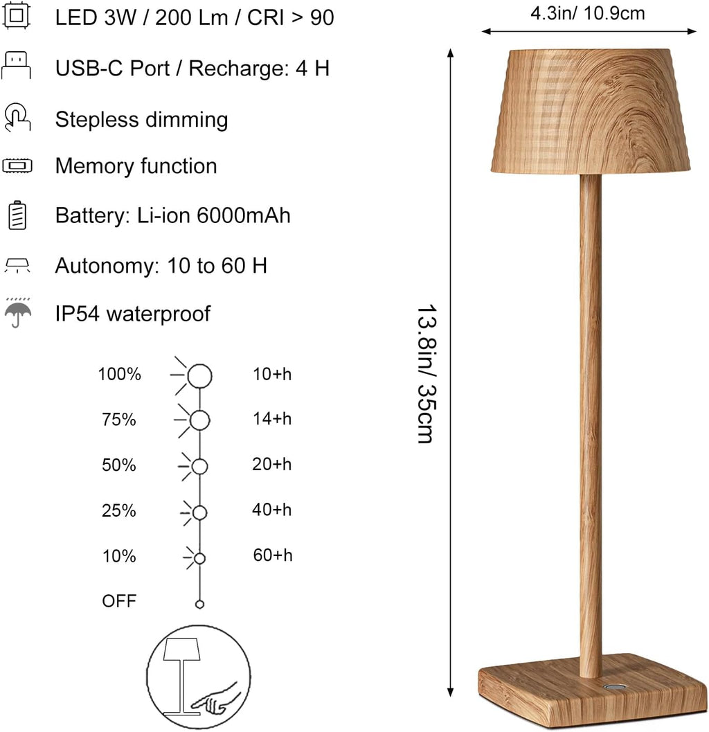 Cordless Rechargeable LED Table Lamp Set of 2, Wood Grain