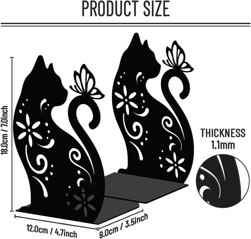WADORN Cat Flowers Metal Bookends for Shelves Decorative 1 Pair, Animal Heavy Duty Books End Support Non-Skid Book Holder Black L-Shaped Book Stopper for Home Office Desk Book Divider, 4.7x3.5x7 Inch