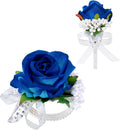 2Pcs Blue Rose Corsage and Boutonniere Set, Corsage Wristlet Band for Prom Suit Decorations, Artificial Boutonniere for Men Wedding Party Flower Accessories
