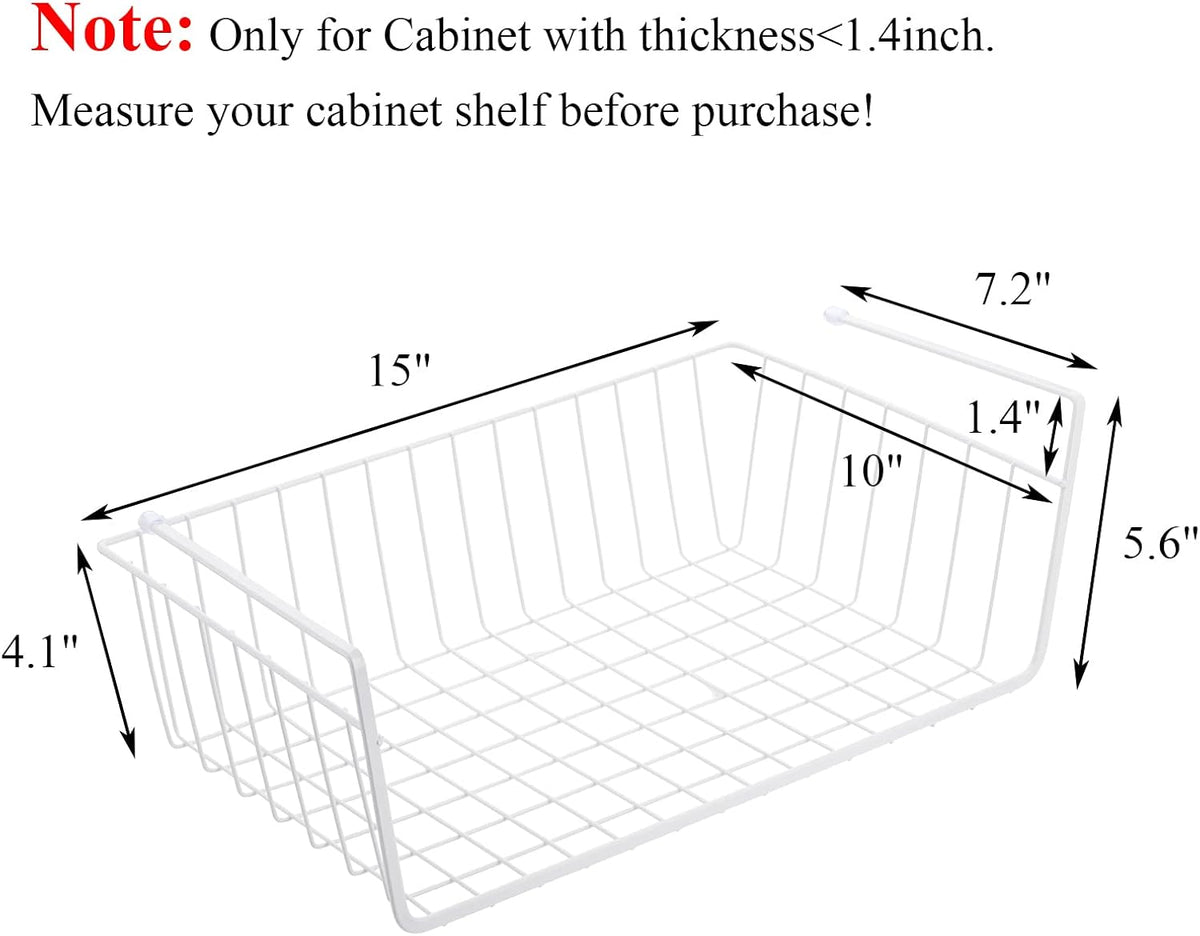 Tebery 4 Pack White Under Shelf Wire Basket Hanging Storage Baskets, Under Cabinet Add-on Storage Racks Slide-in Baskets Organizer for Kitchen Pantry Desk Bookshelf