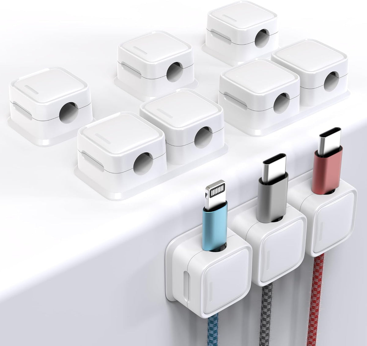 Smofish Magnetic Cable Clips, 6 Pack 10-Slot Cord Organizer, Strong Phone Charging Cable Holder Clips, Wire Charger Keeper for Desk, Nightstand, Kitchen Appliances, Office Supplies (White)