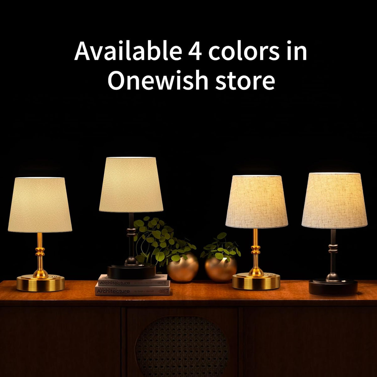 ONEWISH Small Cordless Lamp Dimmable-Battery Operated Table lamp, 4000mAh Rechargeable, Touch Bedside Lamp with White Fabric Shade, 2700K Bulb Included, for Dining, Patio, Bathroom(Black)
