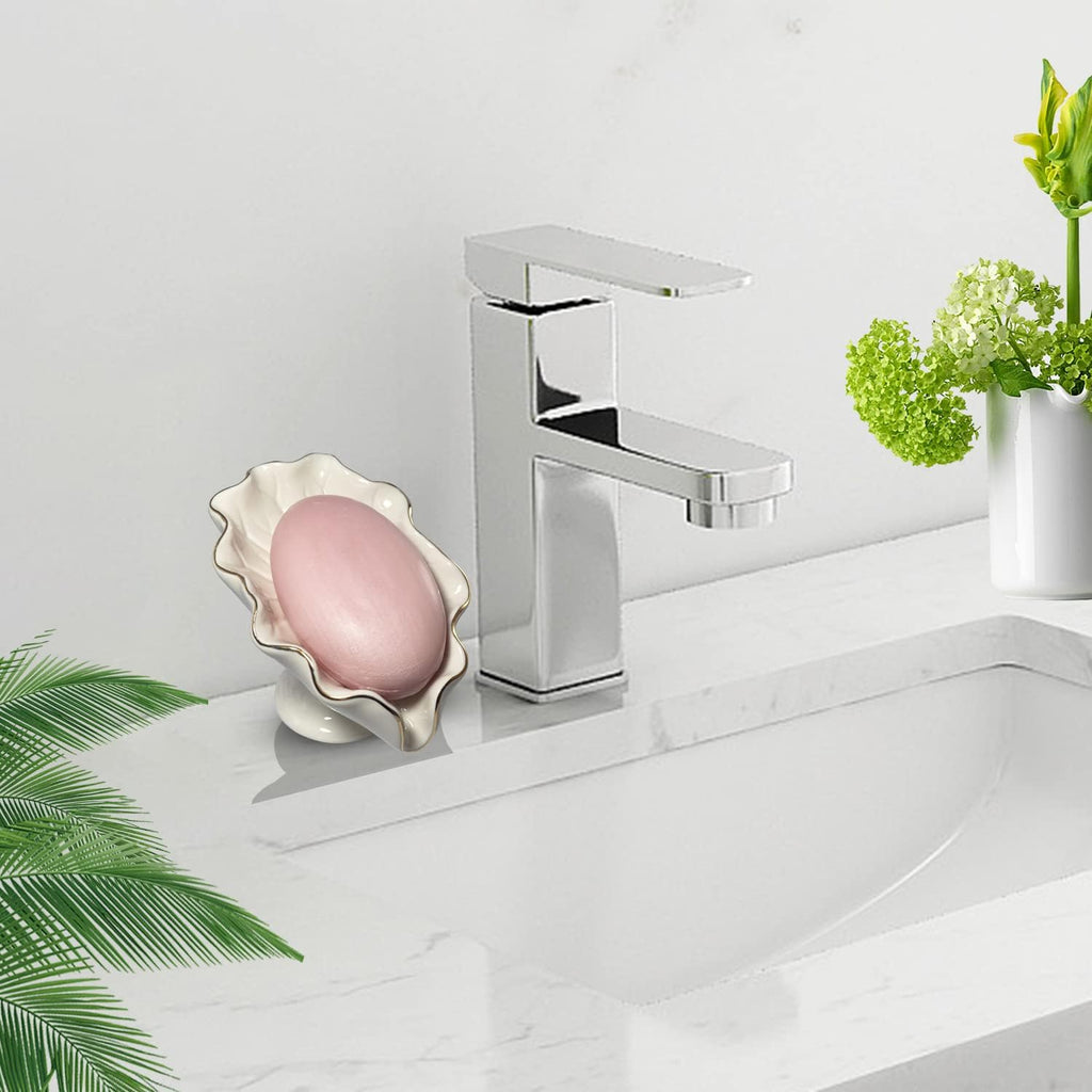Bathroom Soap Dishes White, Lotus Leaf Soap Holder,Ceramic Soap Dish for Counter Top,Self Draining Soap Holder (White)