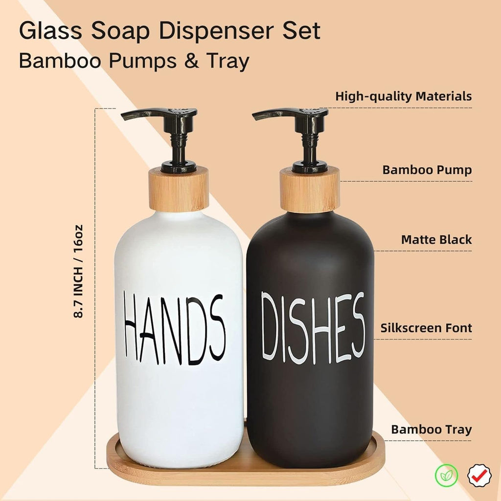 Glass Soap Dispenser Set, Hand Soap and Dish Soap Dispenser with Bamboo Tray. Vintage Soap Dispenser with Pump for Kitchen Drain Outlet and Bathroom. Stylish Permanent Labels (Matte Black&White)