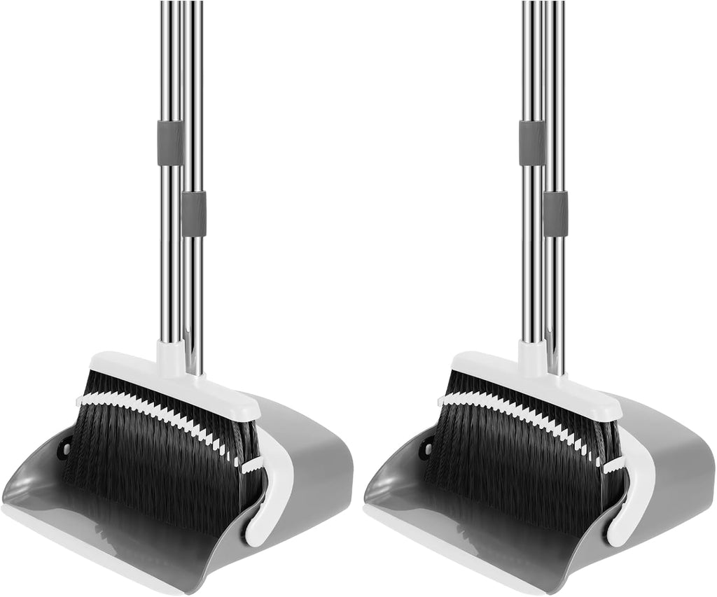 NACENA Broom and Dustpan Set, 52-in Long Adjustable Handle Broom Dustpan Combo with Dustpan Teeth to Automatically Clean Hair Suitable for Home Kitchen Office Hall Floor (Grey&White), 2 Pack