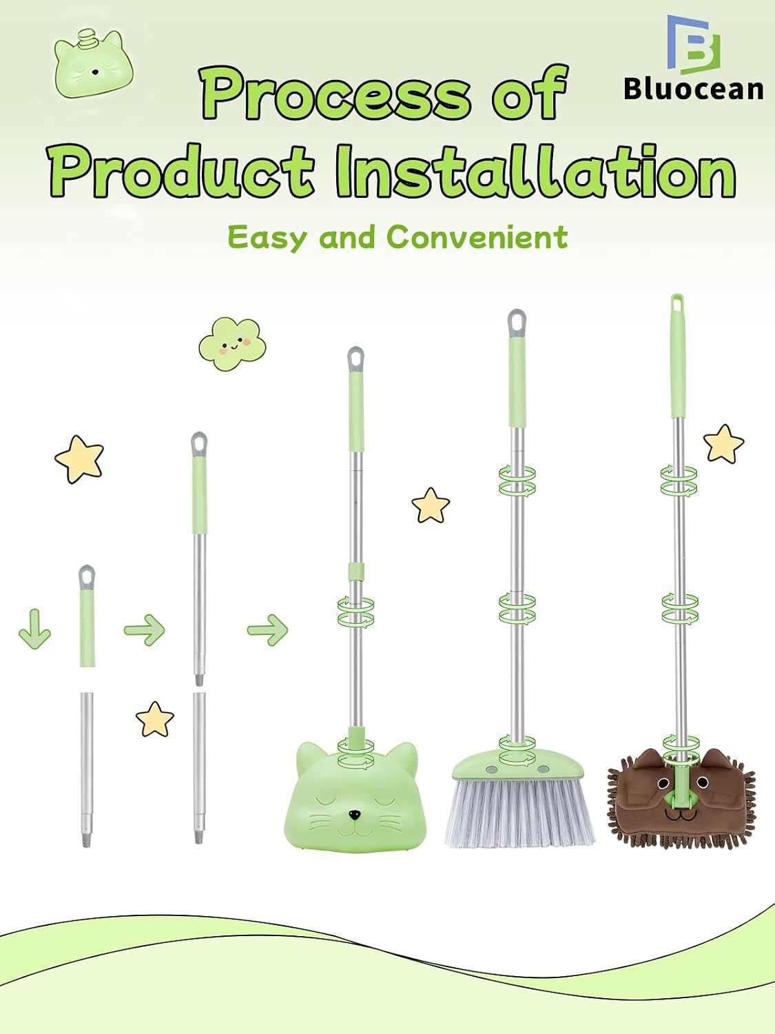 Toddler Cleaning Toy Set-28'' Kids Mini Broom with Dustpan & Mop, Toddler Household Helper, Parent-Child Interactive Play Cleaning Tool, Cute Cartoon Design, Small Safe Corner Broom (Green)