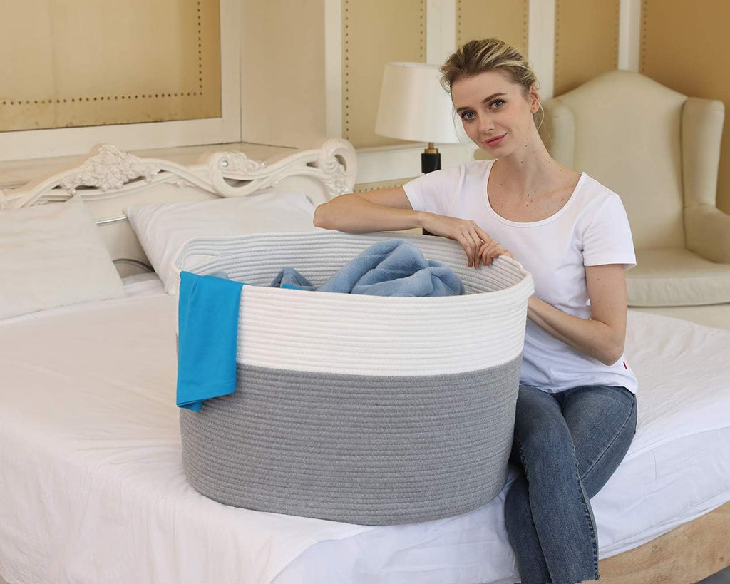 24x24x17 Inch Cottonphant Extra Large Round Blanket Basket for Living Room, Open Woven Cotton Rope Storage Basket, Jumbo Bin for Bedroom Playroom, Grey
