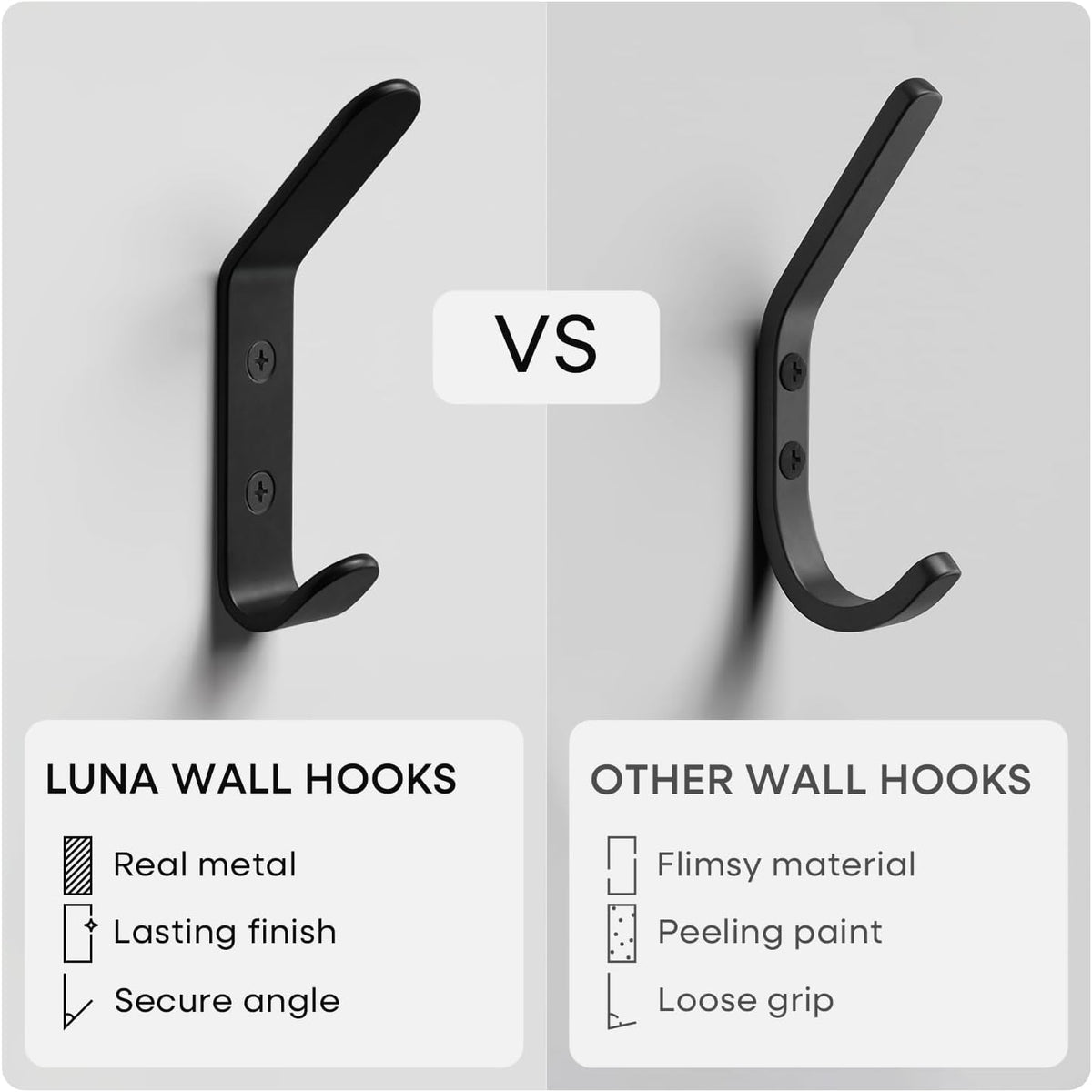 Homeforia Black Wall Coat Hooks, High-End Metal, Heavy Duty, Set of 10