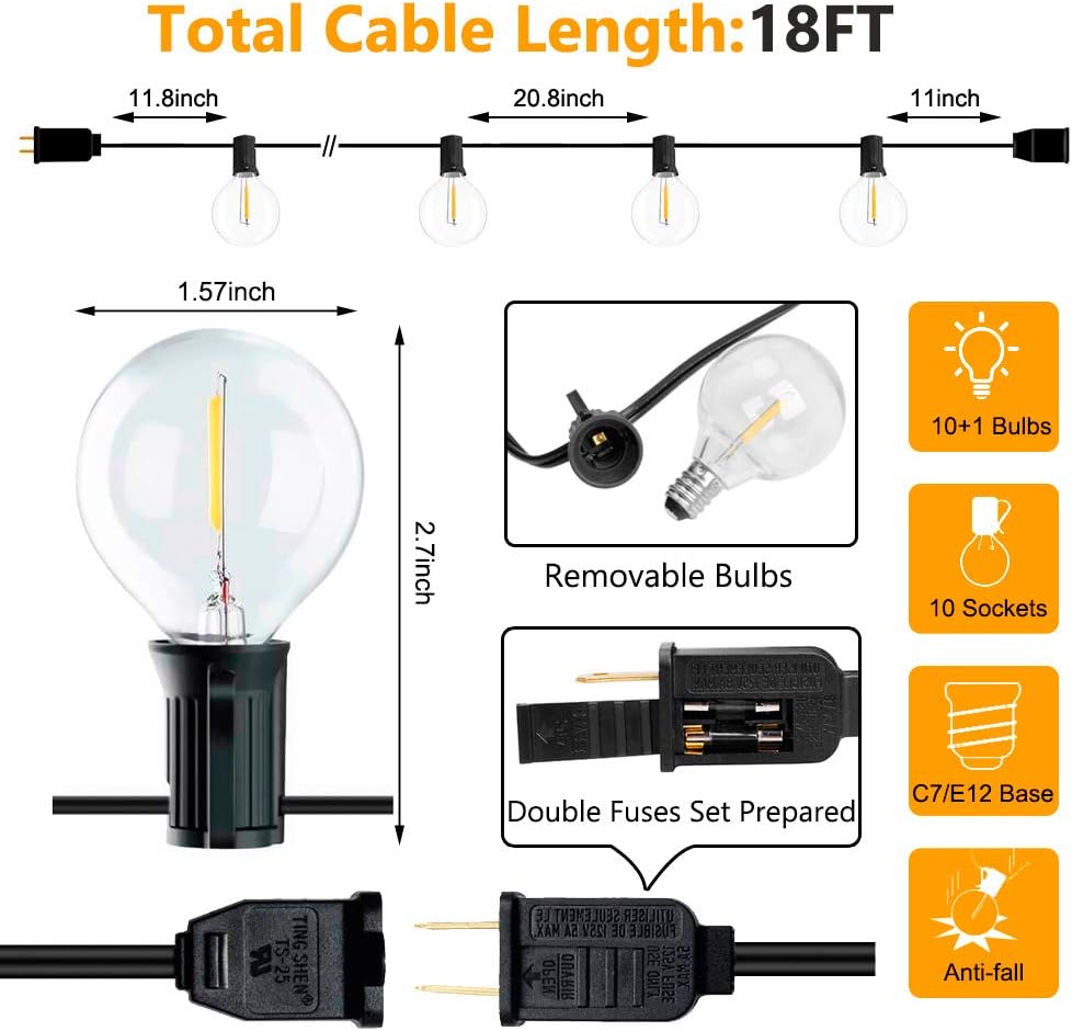 18Ft Outdoor Patio String Lights, Commercial Light String with 10+1 Plastic